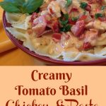 Creamy Tomato Basil Chicken & Pasta is an easy recipe for a hearty weeknight dinner. Pasta and chicken combine with a store bought creamy cheese pasta sauce that is enhanced by the addition of fresh tomatoes, sundried tomatoes and white wine. The finishing touch of fresh basil transforms Creamy Tomato Basil Chicken & Pasta into a gourmet recipe that will be a family favorite! #pasta #creamsauce #tomatoes #sundriedtomatoes #plumtomatoes #chicken #easyrecipe #weeknightdinner #entertaining #familyfavorite #swirlsofflavor