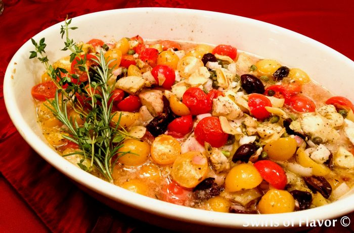 Smothered tilapia Provencal in baking dish