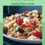 orzo pasta salad with feta and text overlay