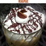 chocolate peanut butter trifle with text overlay