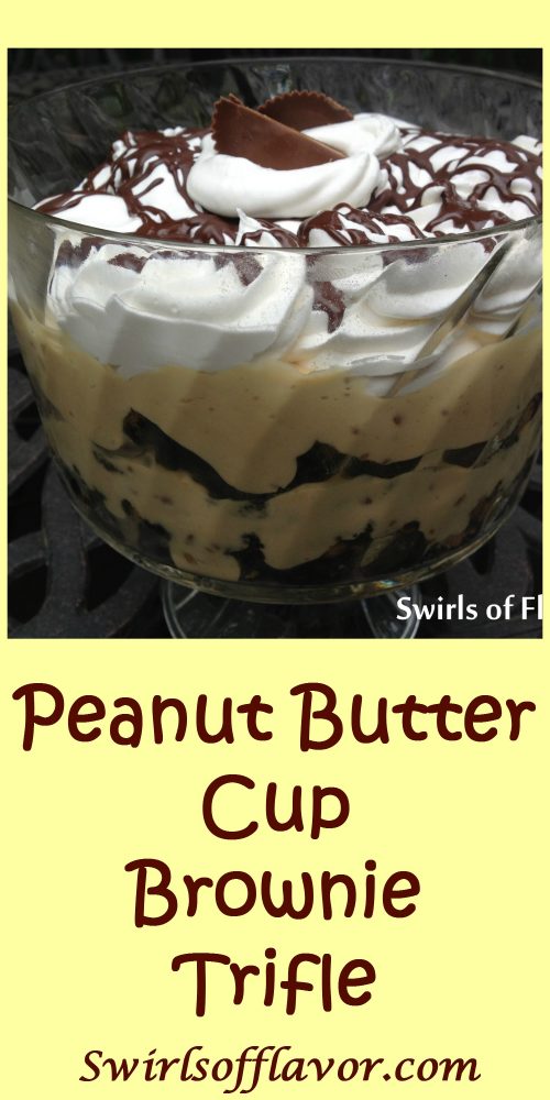 Peanut Butter Cup Brownie Trifle is brimming with a creamy pudding, dense chocolate brownies and peanut butter cups! The perfect way to celebrate Dad's special day or any day! dessert | chocolate | brownie | peanut butter | peanut butter cup | candy | pudding | dessert