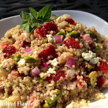 Strawberry Pistachio Quinoa lightly coated in a lemon oregano vinaigrette is a great way to use those fragrant strawberries of summer. From the juicy fresh strawberries and crunchy pistachios to the delicate quinoa, Strawberry Pistachio Quinoa is packed with nutrition and flavor.