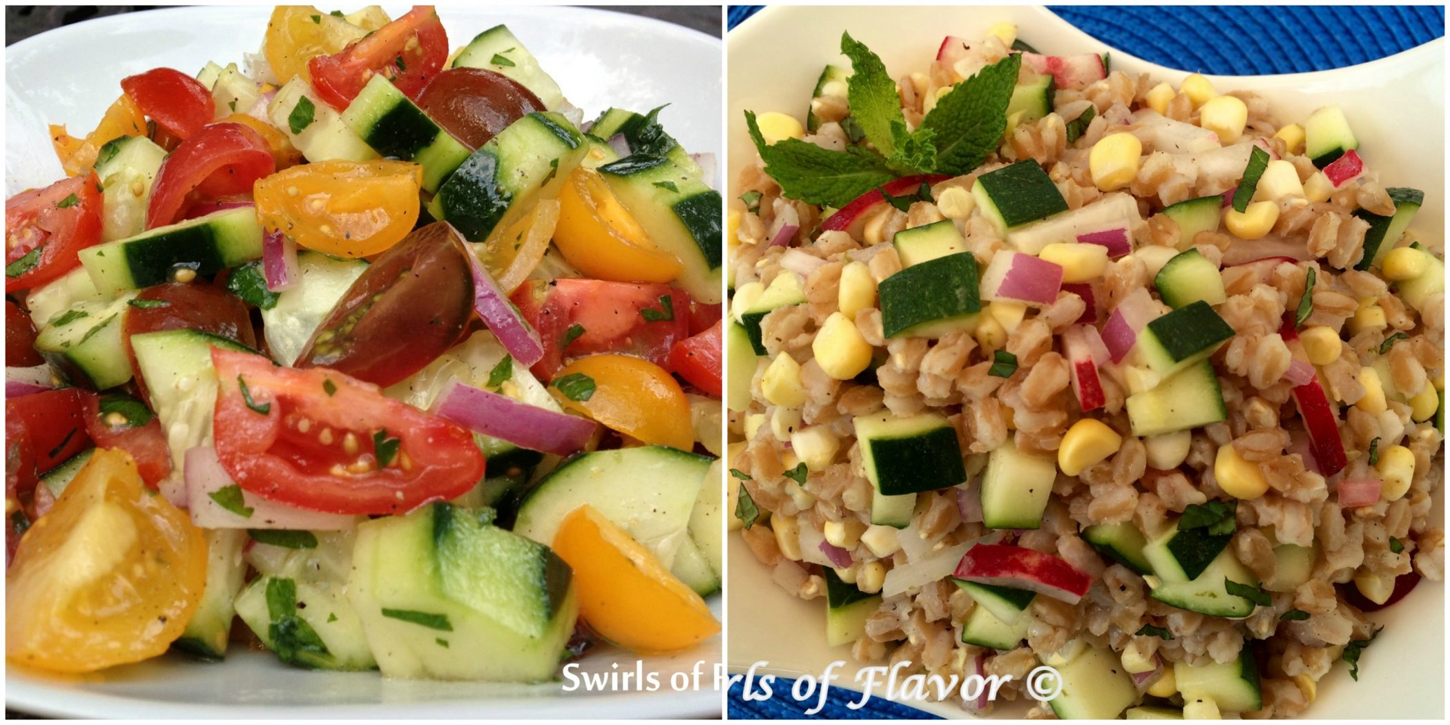 Tomato and Cucumber Salad and Zucchini corn Farro Salad