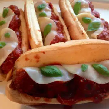 meatball parm hero with cheese and basil;