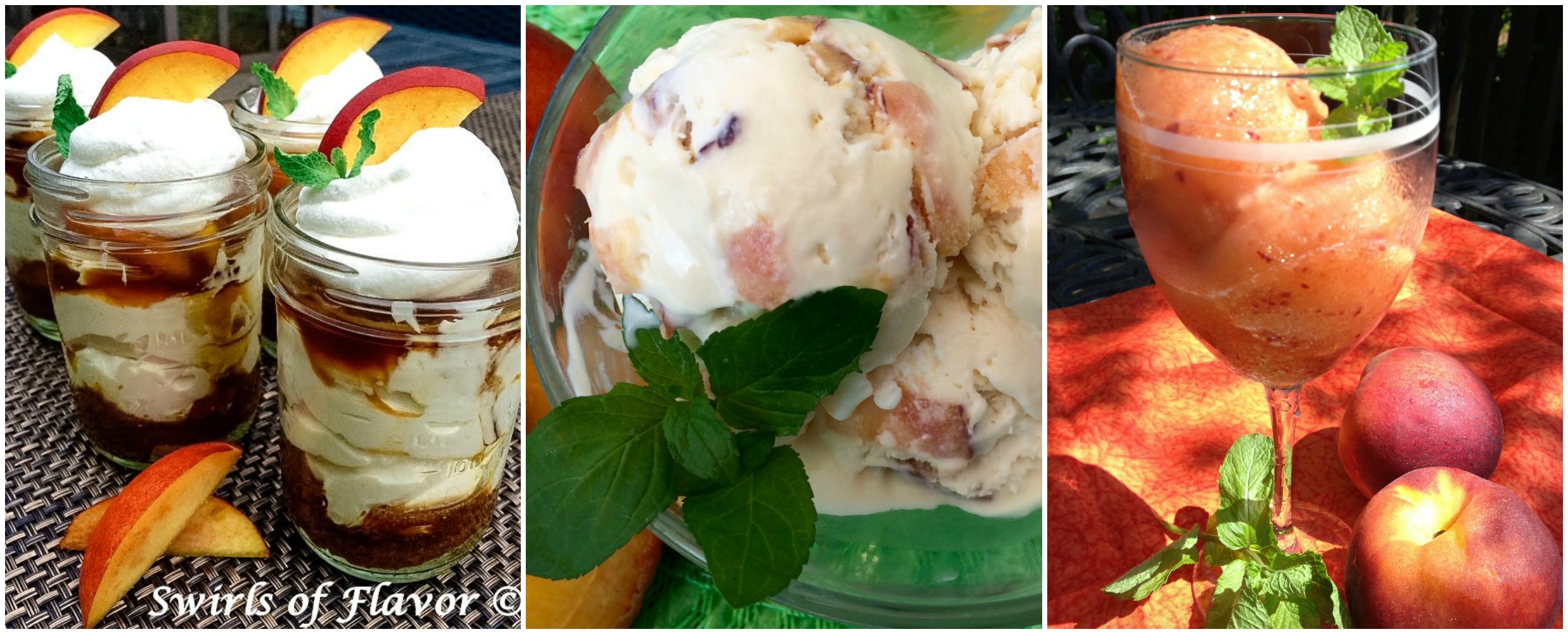 Left to right: Peach Cheesecake Mousse; Peach Ice Cream; Peach Sorbet