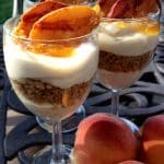 Grilled Peach Cheesecake Parfaits is an easy no-bake recipe for a summer dessert. A no-bake cheesecake mousse parfait topped with grilled fresh peaches from the farmers market will be a delicious ending to your summer meal! no bake | dessert | peach | summer fruit | easy recipe | cheesecake | cheesecake mousse | #swirlsofflavor