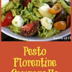 Make Pesto Florentine Campanelle Pasta and toss pasta with pesto, tomatoes, bocconcini and Parmesan, just 5 ingredients, for a bowl full of fresh summertime flavors! pasta | easy recipe| heirloom tomatoes | side dish | Meatless Monday | cheese | picnic | barbecue | homemade pesto | #swirlsofflavor