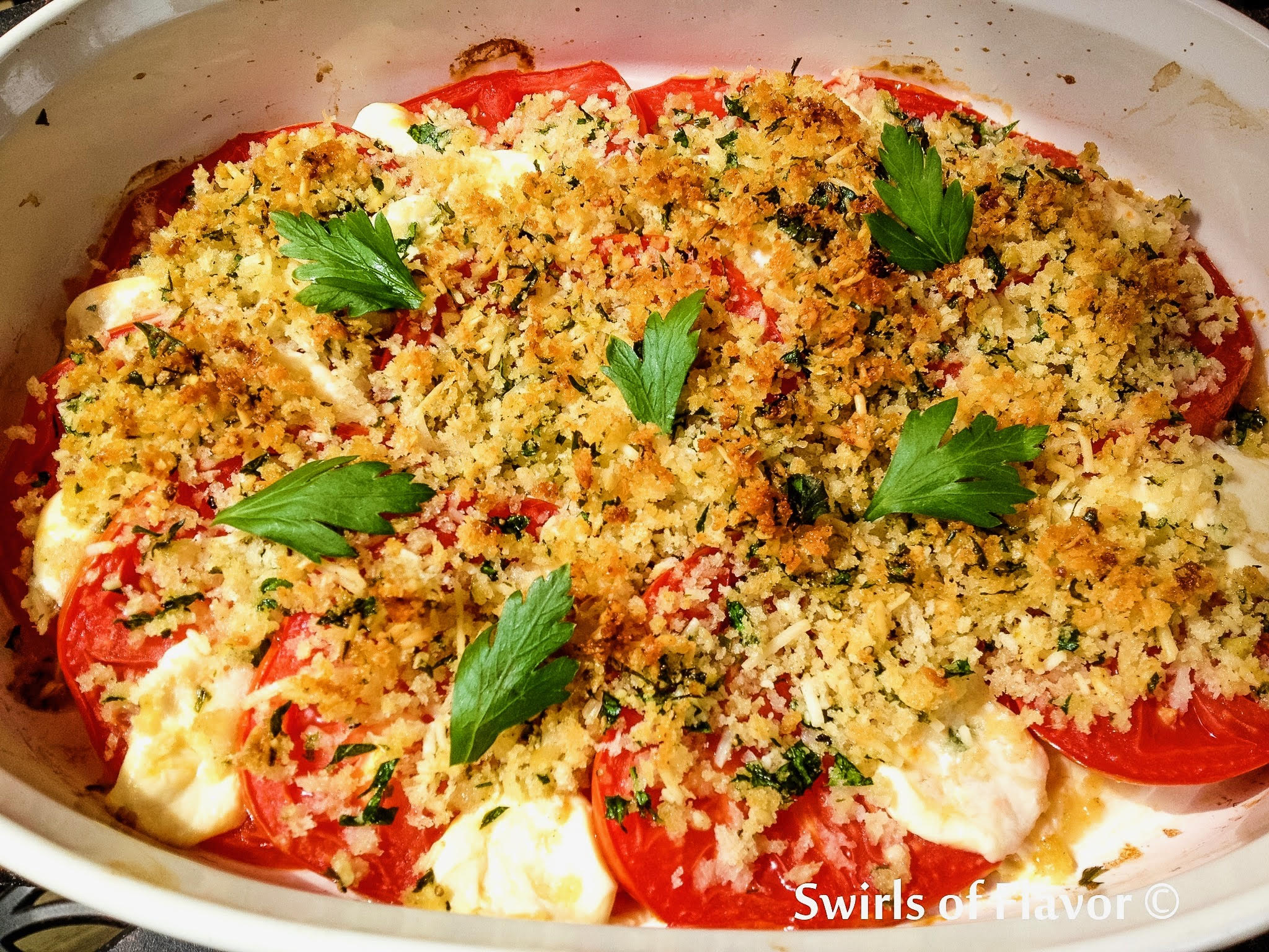 baked tomatoes casserole with breadcrumbs and cheese