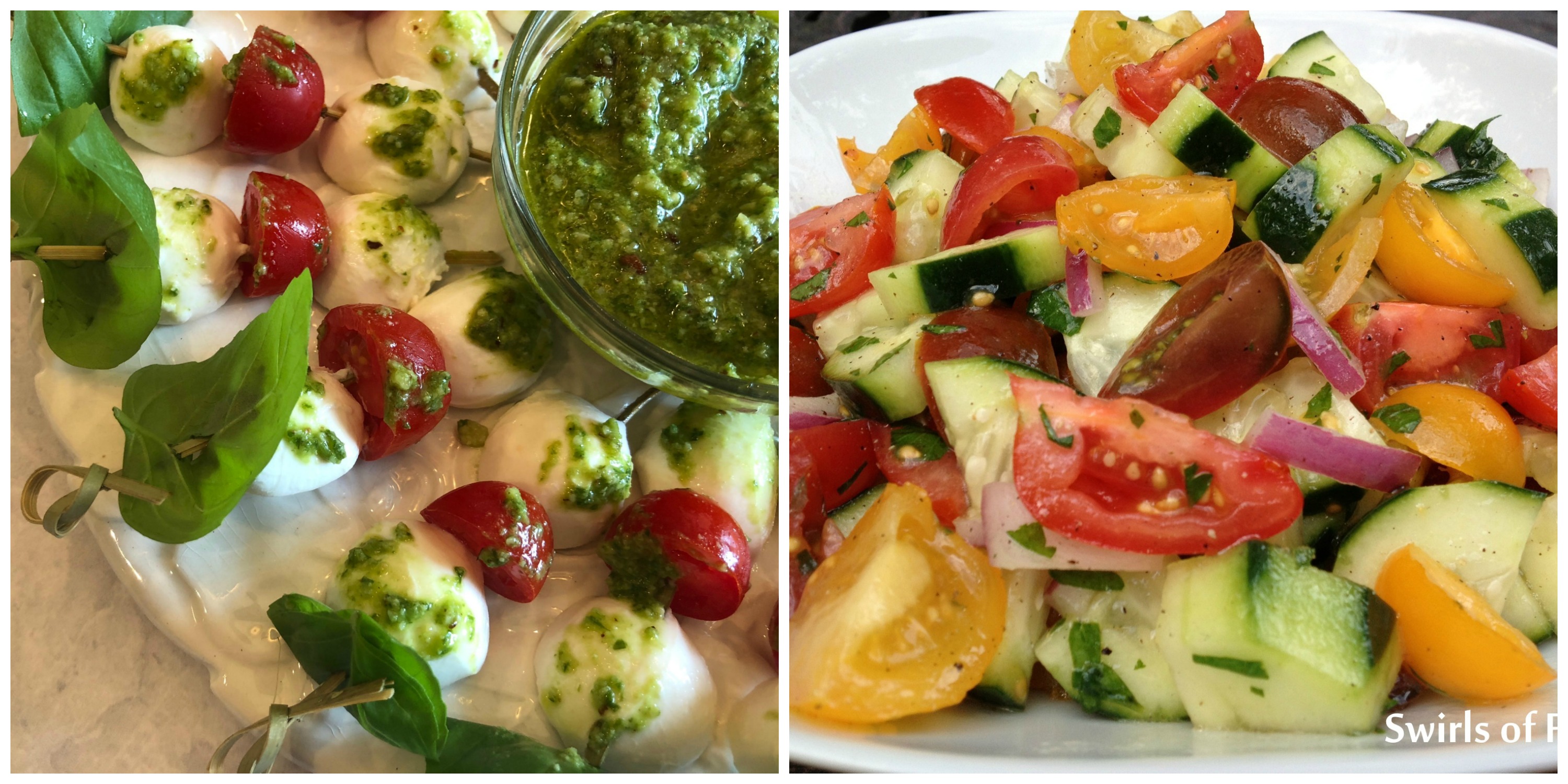 Caprese Skewers and Tomato Cucumber Salad
