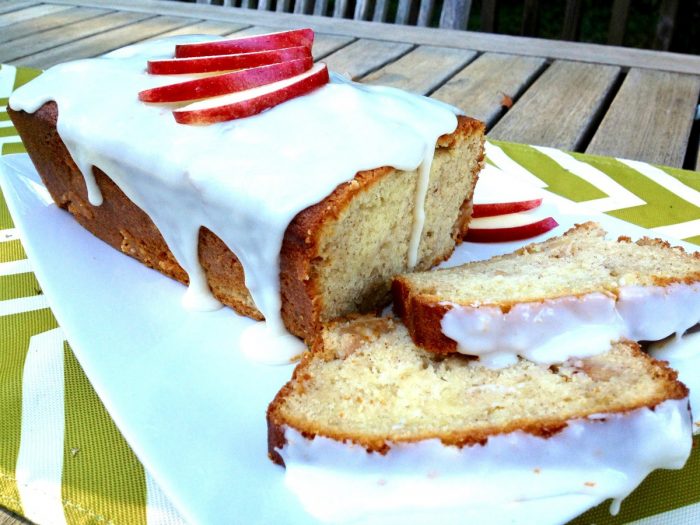 Sliced apple loaf cake with glaze