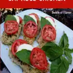 caprese chicken with fresh basil sprig and text overlay