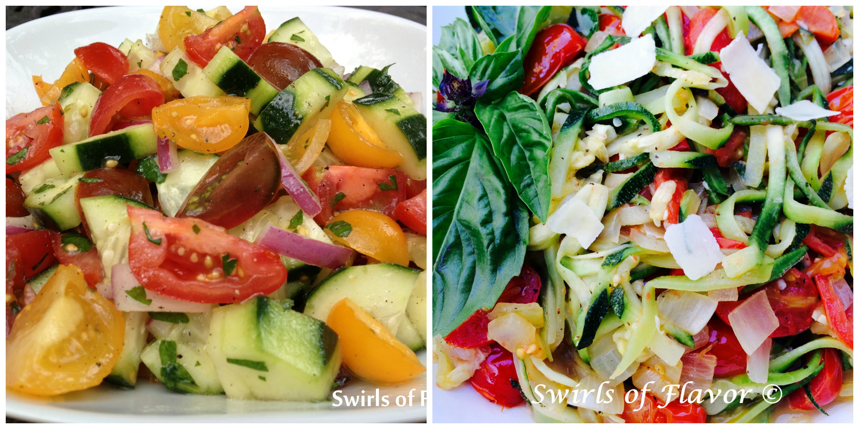 tomato cucumber Salad and Zucchini Pasta Pomodoro