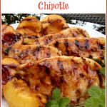 grilled chicken with peaches and chili glaze with text overlay