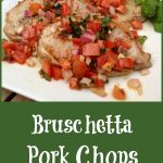 Bruschetta Pork Chops is an easy dinner recipe for sauteed pork chops with a buttery tomato and garlic topping swirled with a touch of balsamic vinegar and fresh basil.
