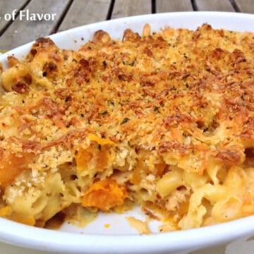 butternut squash mac and cheese with crumb topping in casserole dish