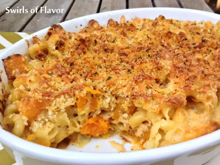 butternut squash mac and cheese with crumb topping in casserole dish