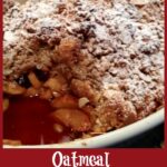 scoop out of apple crisp dessert with text overlay