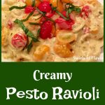 Creamy Pesto Ravioli is an easy recipe for your Meatless Monday dinner tonight. Alfredo sauce, pesto and white wine combine to form a flavorful creamy sauce that coats mini cheese ravioli and fresh tomatoes. Fresh basil adds the finishing touch to this family favorite dinner recipe.