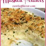 creamy mashed potato casserole with text overlay