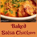 Baked Salsa Chicken is an easy recipe for those busy days. Juicy chicken breasts flavored with taco seasoning are smothered with salsa and cheddar cheese and baked to perfection, making this a soon-to-be favorite weeknight recipe! #easyrecipe #chicken #salsa #cheddarcheese #bakedchicken #weeknightdinner #entertaining #chickenbreasts #swirlsofflavor