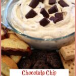dessert dip in a bowl with dippers and text overlay