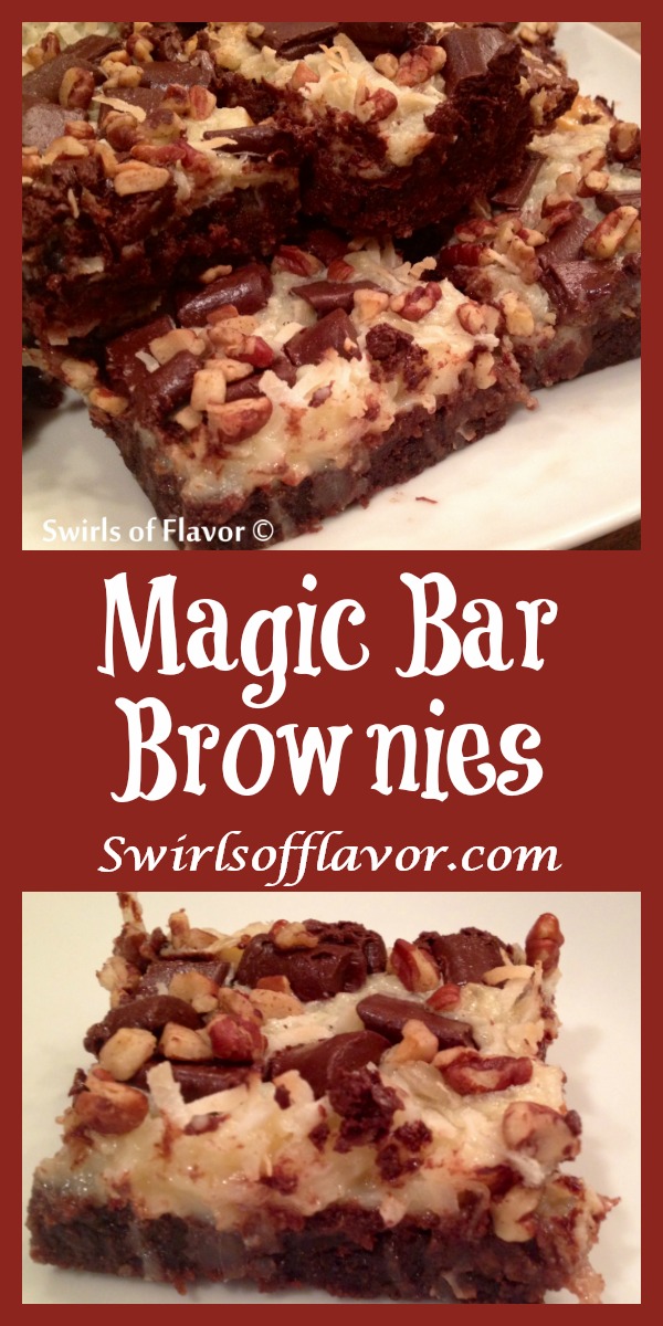 Magic Bar Brownies are intensely chocolate brownies from a mix topped with coconut, chocolate chunks and pecans that bake in a sweetened condensed milk layer. An easy dessert recipe for weeknight treats or entertaining! #swirlsofflavor | brownie mix | dessert | fun for kids | easy recipe