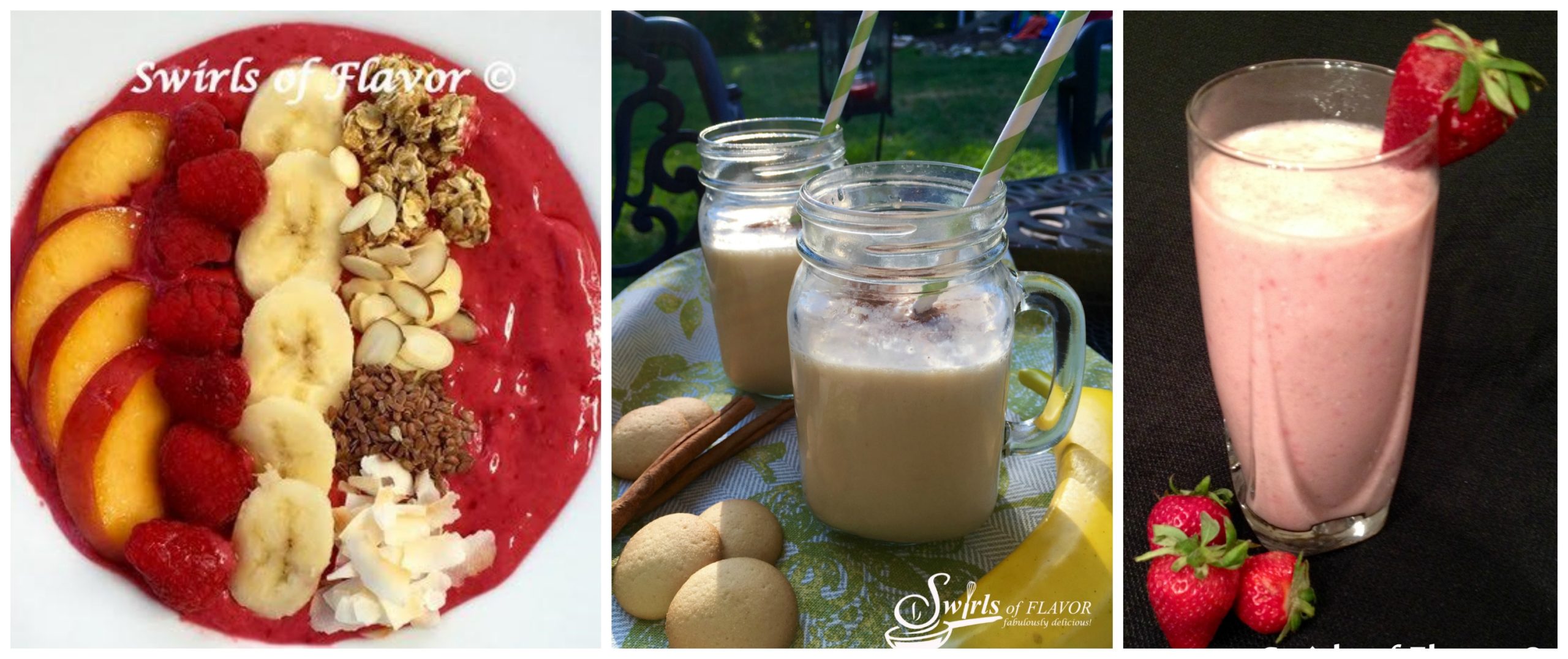 Nectarine Smoothie Bowl, Banana Smoothie and Strawberry Oat Smoothie