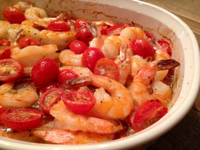 shrimp with tomatoes in baking dish