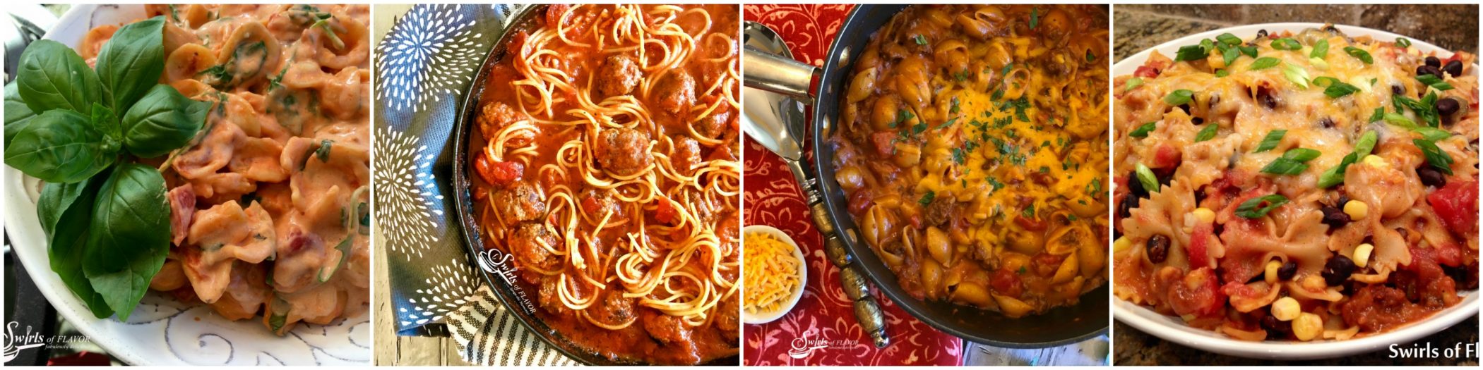 Photos of four recipes: Creamy Tomato Pasta, Spaghetti and Meatballs, chili Mac and Cheese and Mexicali Pasta