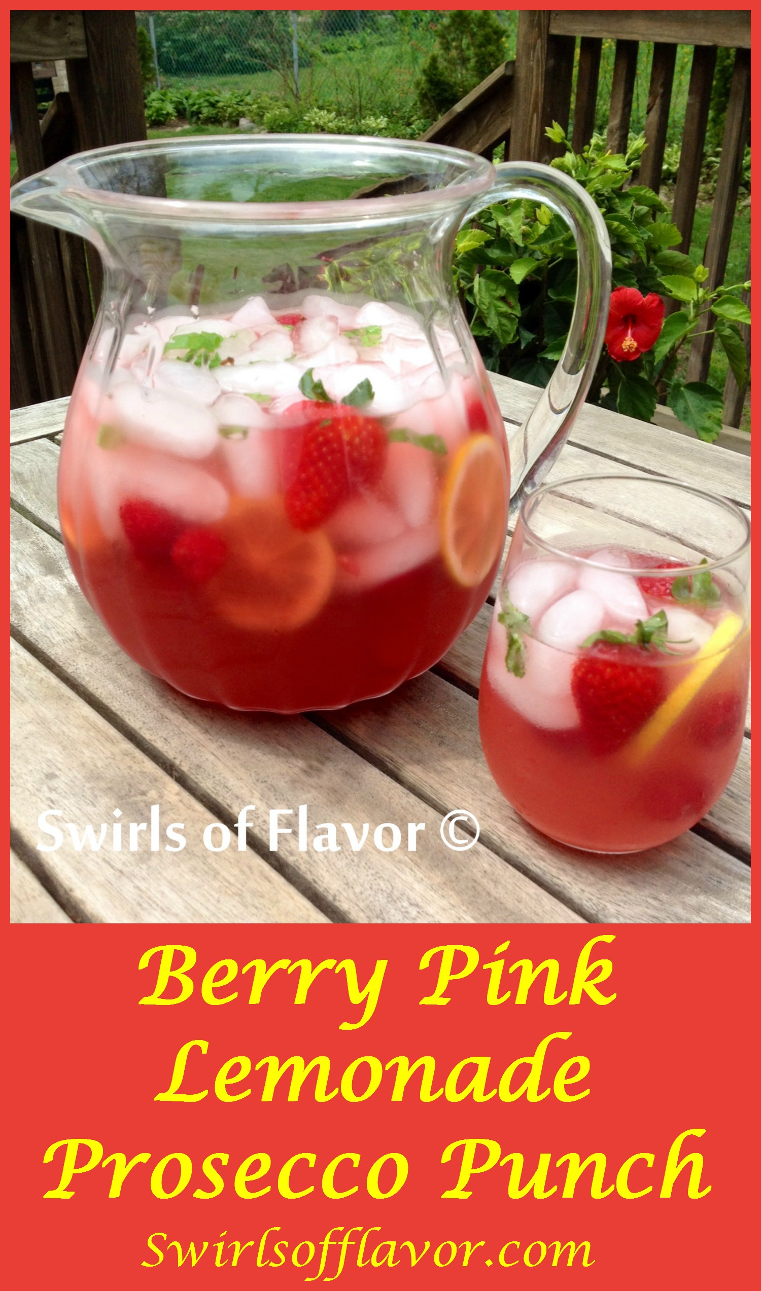 Berry Pink Lemonade Prosecco Punch is flavored with puckering raspberry lemonade and bubbly Prosecco and topped off with the sweet bursts of fresh berries! Perfect for Mother's Day or any get together! punch | Prosecco | berries | strawberry | raspberry | punch | Mother's Day | picnic | summer | drinks | lemonade | #swirlsofflavor | easy recipe