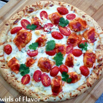 Buffalo Ranch Chicken Pizza is a homemade pizza that combines the flavors of spicy buffalo and cool Ranch with fresh tomatoes and chicken!
