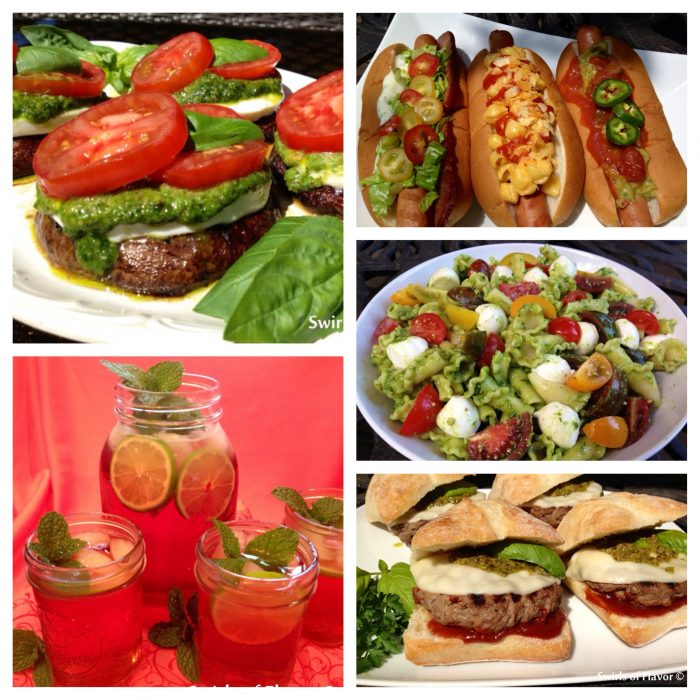 Memorial Day or any day will be fabulously delicious with this Trio of Hot Dogs, Grilled Portobello Mushrooms with Pesto, Pasta Salad, Pesto Provolone Burgers and Pomegranate Lime Mint Julep Punch! Memorial Day | barbecue | hot dogs | pasta salad | pesto | vegetarian | punch | Mint Julep | burgers