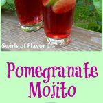 two glasses of pomegranate mojito cocktails with text overlay