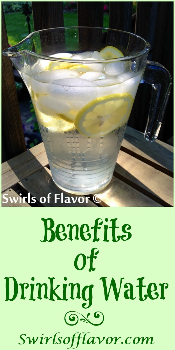 The Benefits of Drinking Water are many! Add lemon and the benefits increase. Check out how much water you should be drinking and the increased benefits of adding lemon! #lemon #water #benefitsofwater #benefitsoflemonwater #keephydrated #swirlsofflavor