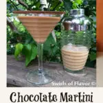 chocolate martini with cocktail shaker and text overlay