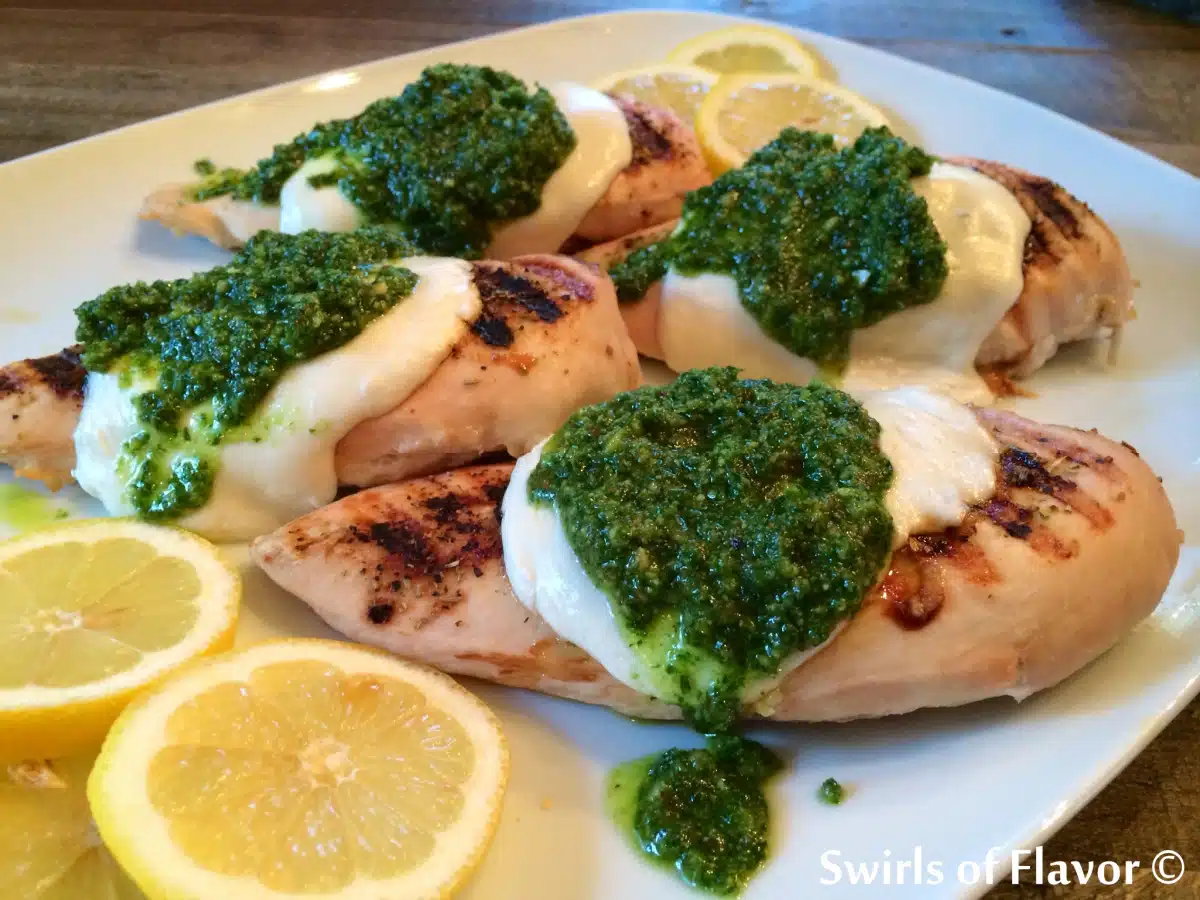 griled tuscan chicken with pesto and cheese