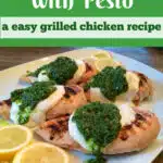 tuscan chicken with cheese and pesto and text overlay