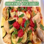 stir fry chicken and vegetables with text overlay