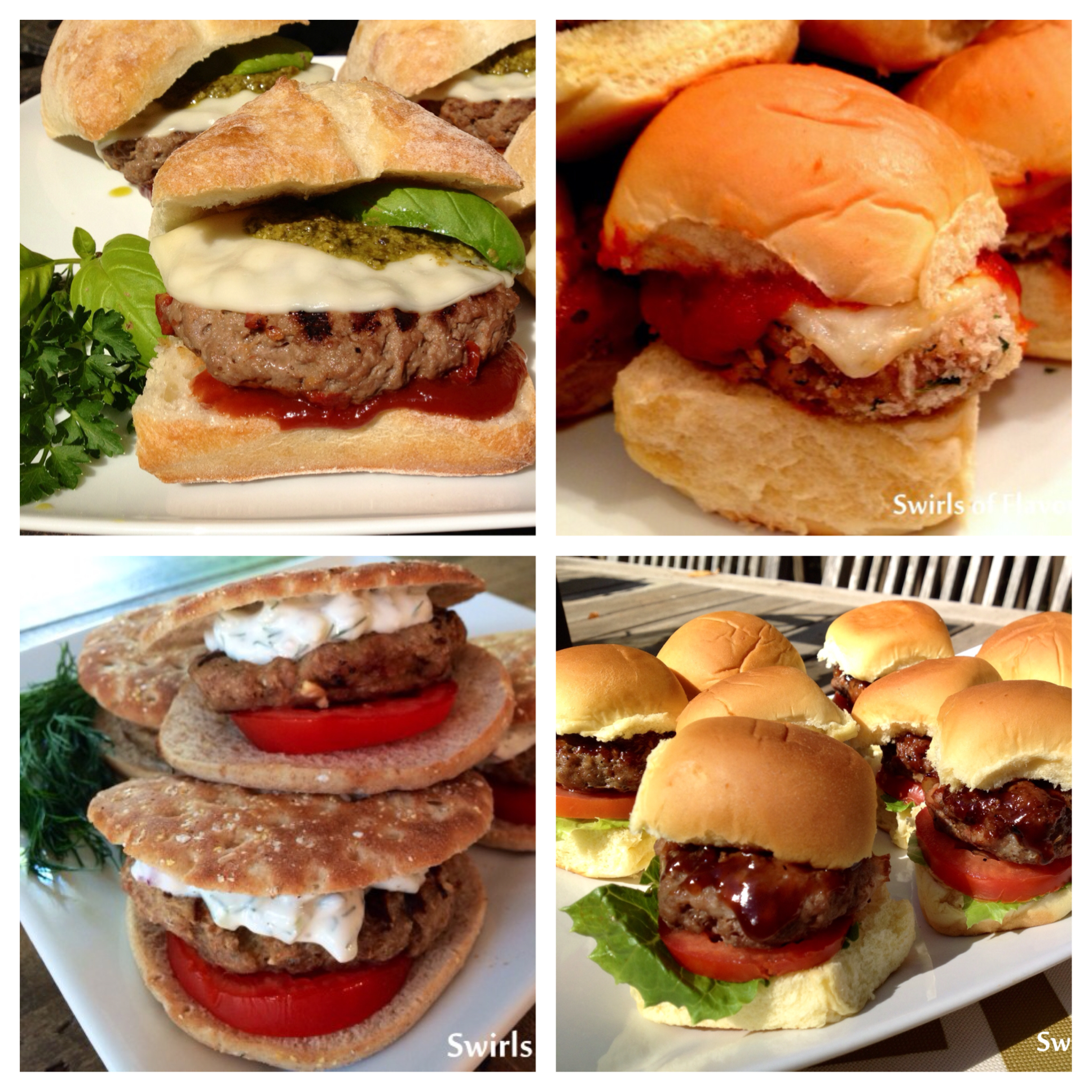 Time to change it up from grilling up just a plain burger? Look no further for delicious twists on the beloved hamburger. Chicken Parmesan Sliders, Bourbon Bacon Sliders, Turkey Burgers With Tzatziki Sauce and Pesto Provolone Burgers will be the hit at your next barbecue! burgers | turkey burgers | sliders | chicken burgers | cheese | grilling | barbecue