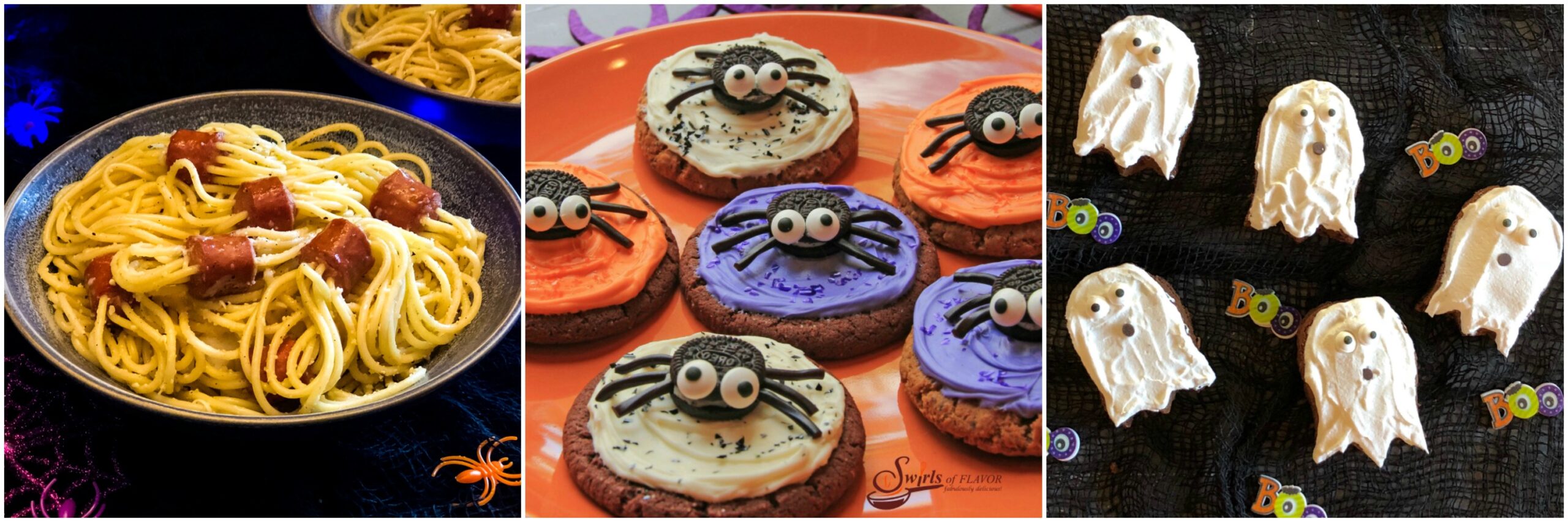 Left to Right: Hot Dog Spiders; Spider Cookies; Ghost Brownies