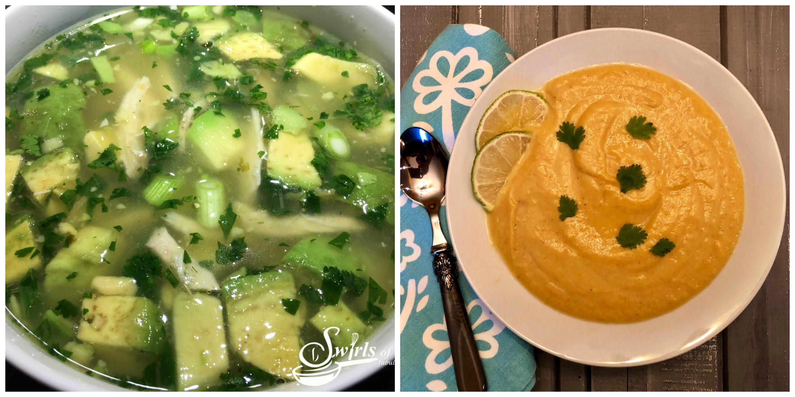 Avocado Lime Chicken Soup and Curried Cauliflower Soup