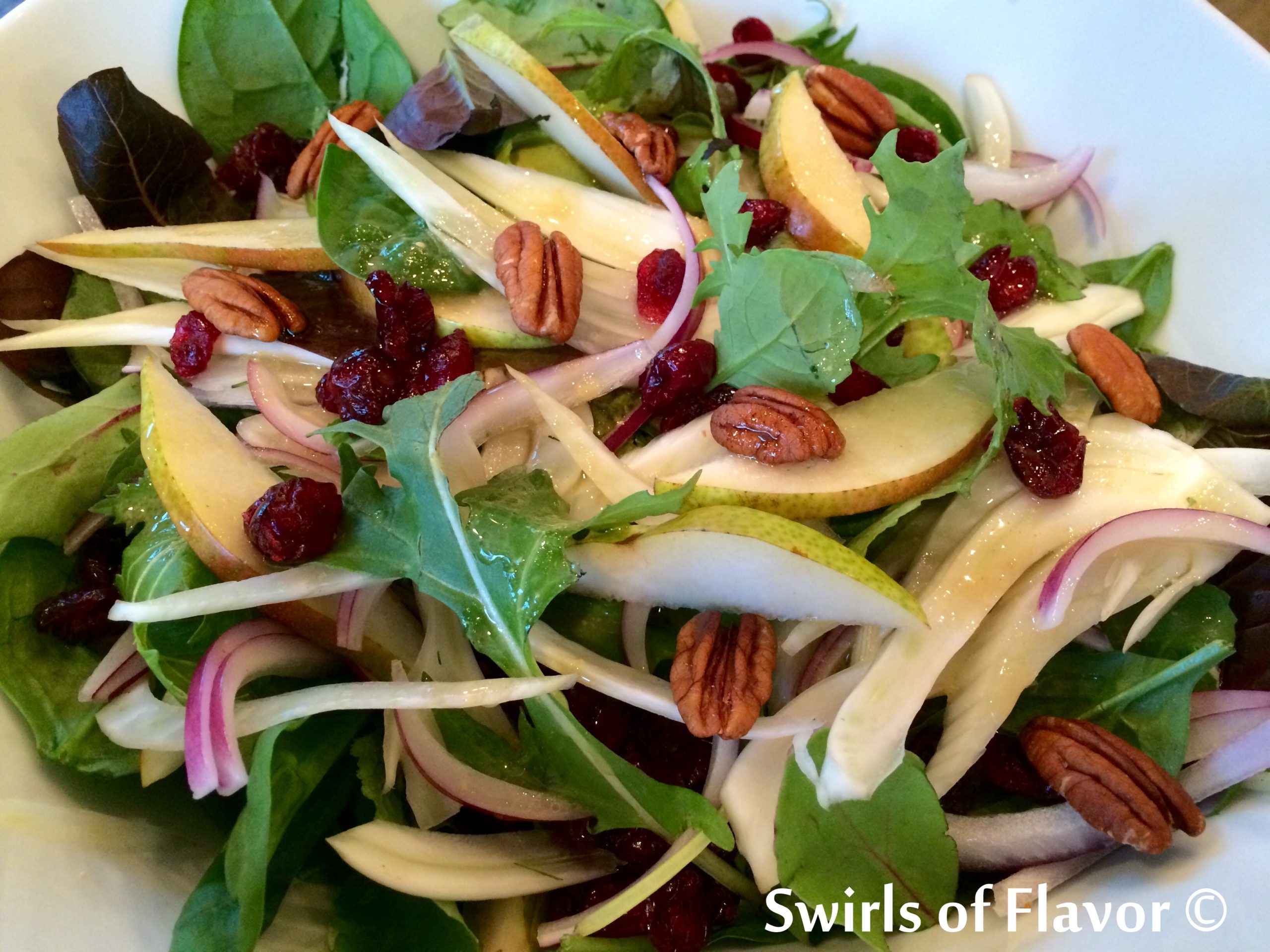 Pecan Pear Baby Kale Salad with White Balsamic Vinaigrette