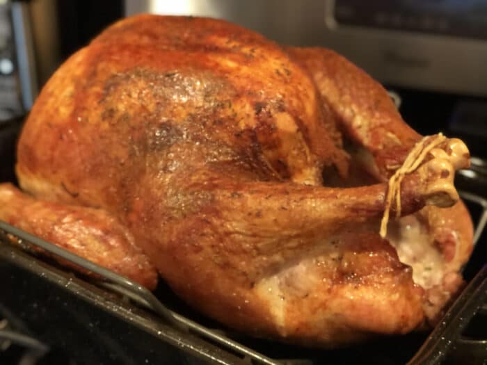 roasted turkey in roasting pan