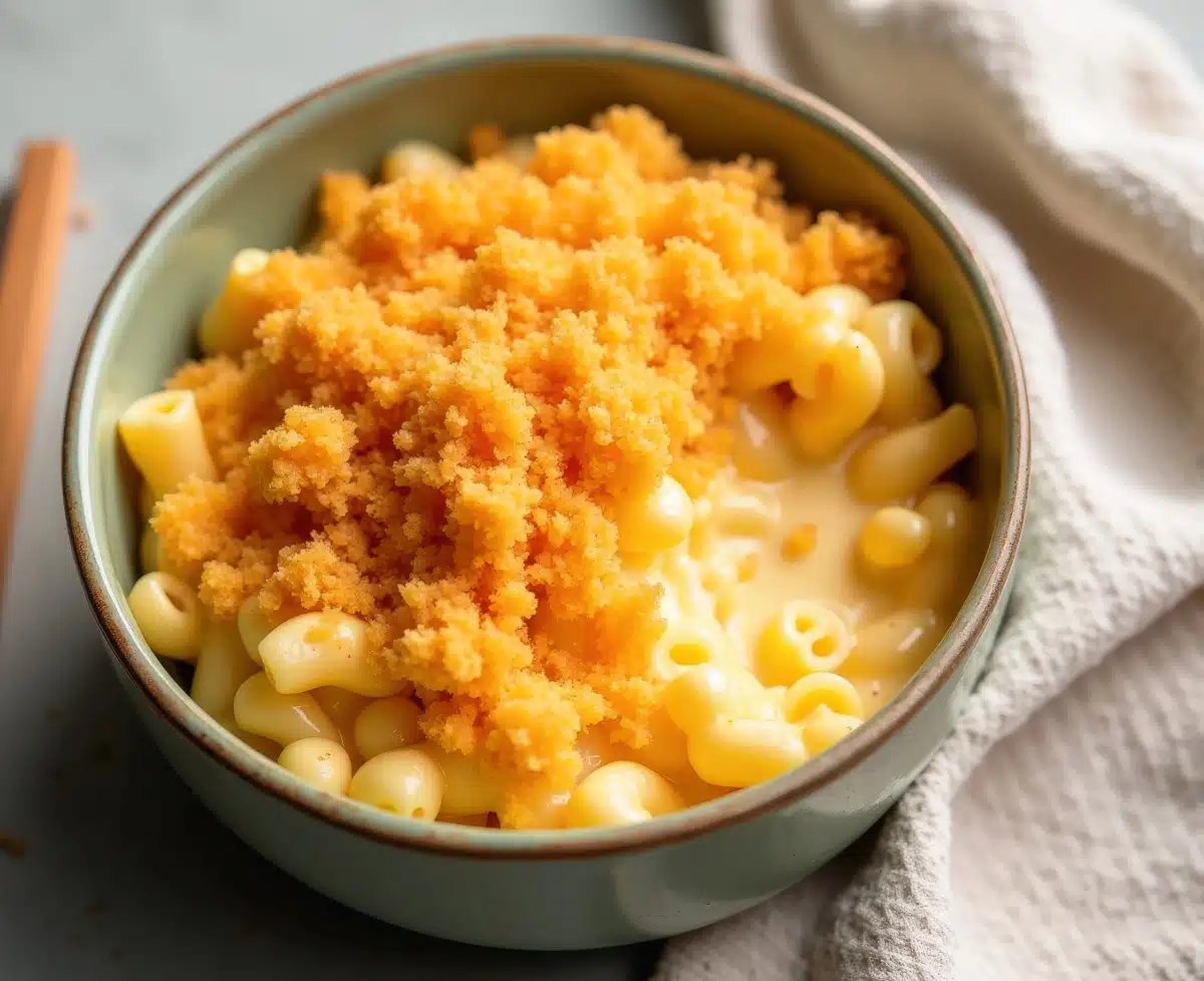 a bowl of mac and cheese with crumb topping