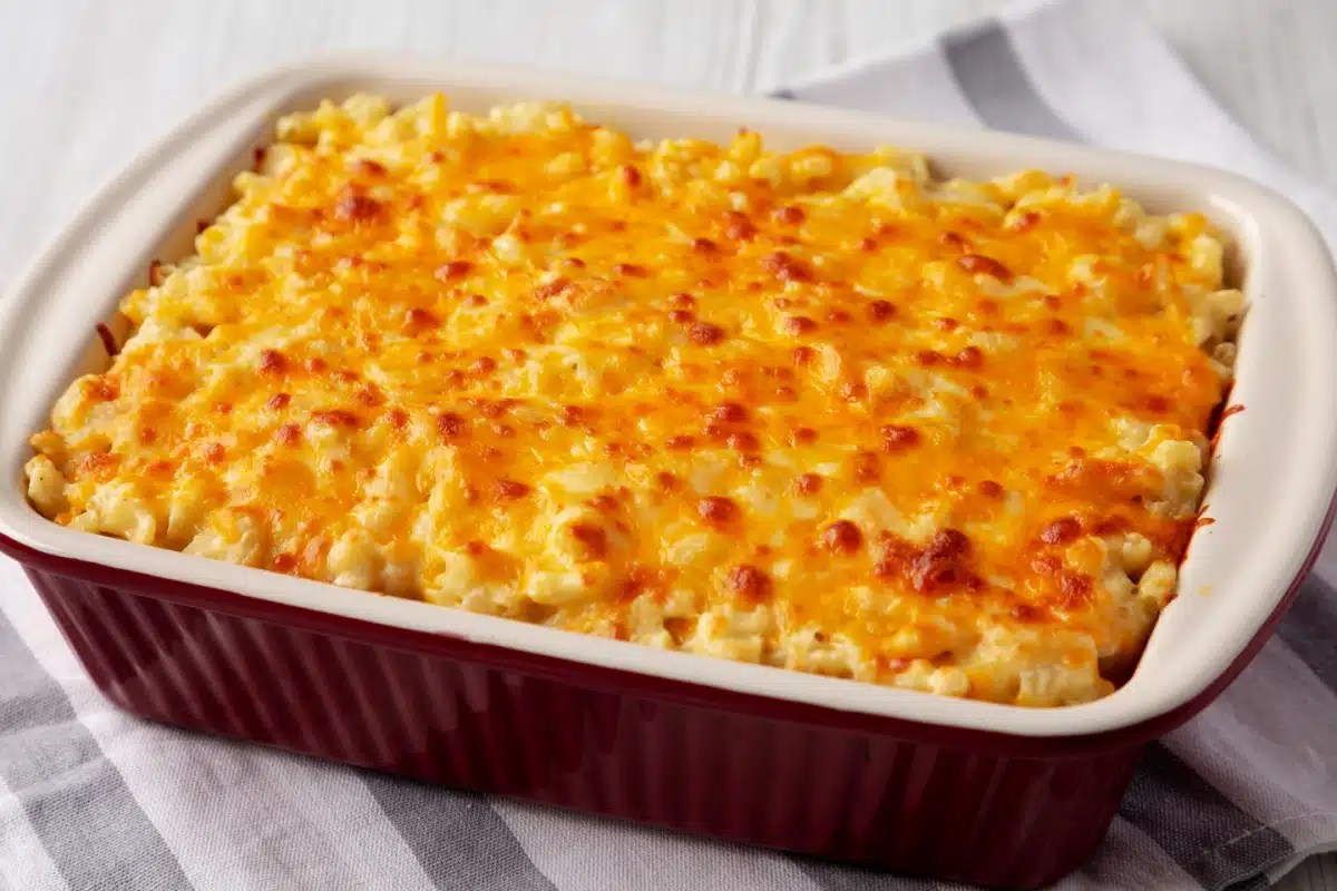 baked mac and cheese in a baking dish