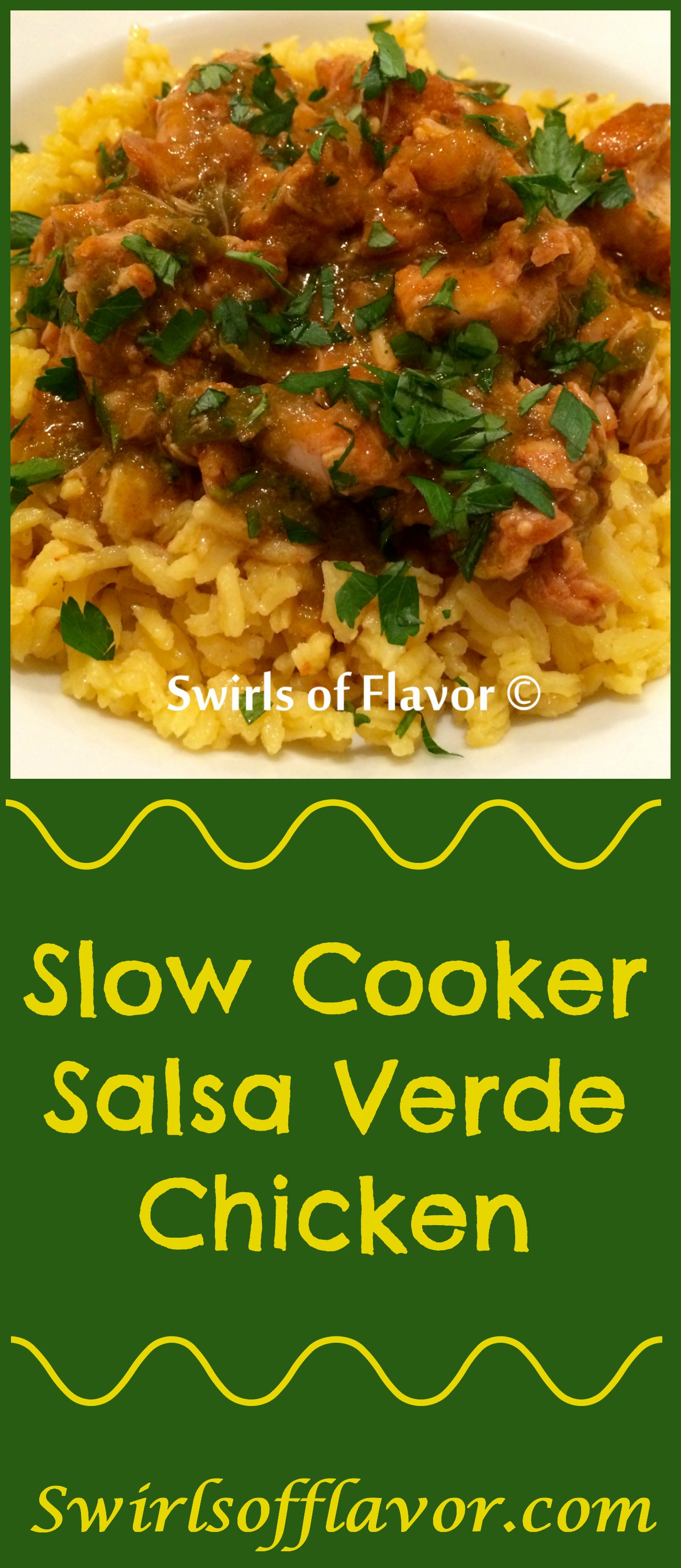 Slow Cooker Salsa Verde Chicken is as easy to make as it is delicious with just four ingredients, simmered in a slow cooker, served over rice! slow cooker | crockpot | chicken | easy | dinner | four ingredients | rice | Mexican | #swirlsofflavor