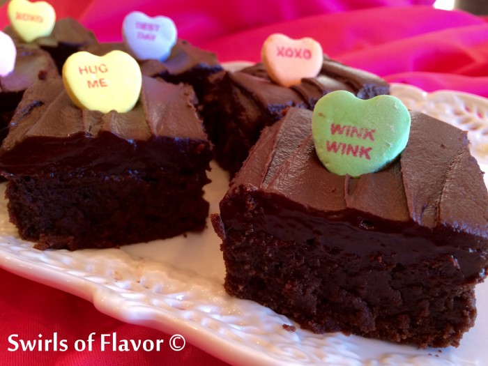 Show your love on Valentine's Day and bake Espresso Brownies With Kahlua Ganache, rich, fudgy, decadent brownies topped with a silky Kahlua chocolate! Valentine's Day | brownies | Kahlua | ganache | homemade | dessert | conversation hearts