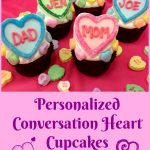 Show someone how much you love them on Valentine's Day with Personalized Conversation Heart Cupcakes. Fondant hearts, decorated with colorful sugars and personalized with names on top of cupcakes will make everyone feel special. Easy to make as an edible craft project both kids and adults will have fun making them! #fondant #hearts #ediblehearts #colorsugar #easyrecipe #craftproject #valentinesday #funforkids #cupcakes #swirlsofflavor