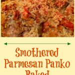 Smothered Parmesan Panko Chicken is an easy recipe for dinner. Juicy chicken thighs are smothered with fresh chopped tomatoes, panko breadcrumbs, shredded Parmesan and seasonings and baked to perfection. easy recipe | dinner | bone-in chicken thighs | baked chicken | casserole | cheese | #swirlsofflavor