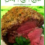 rib roast with breandcrumb crust and slices and text overlay
